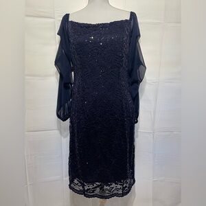 Marina Navy Lace & Sequin Sheer Long Sleeve Evening Dress, Lined, Sz 12